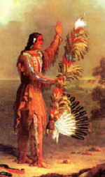 Schamane der Blackfoot mit geschmückter heiliger Pfeife